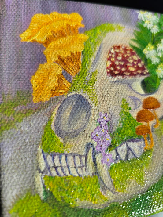 Colorful painting of a racoon skull blooming with funghi and flora from the Pacific Northwest.
