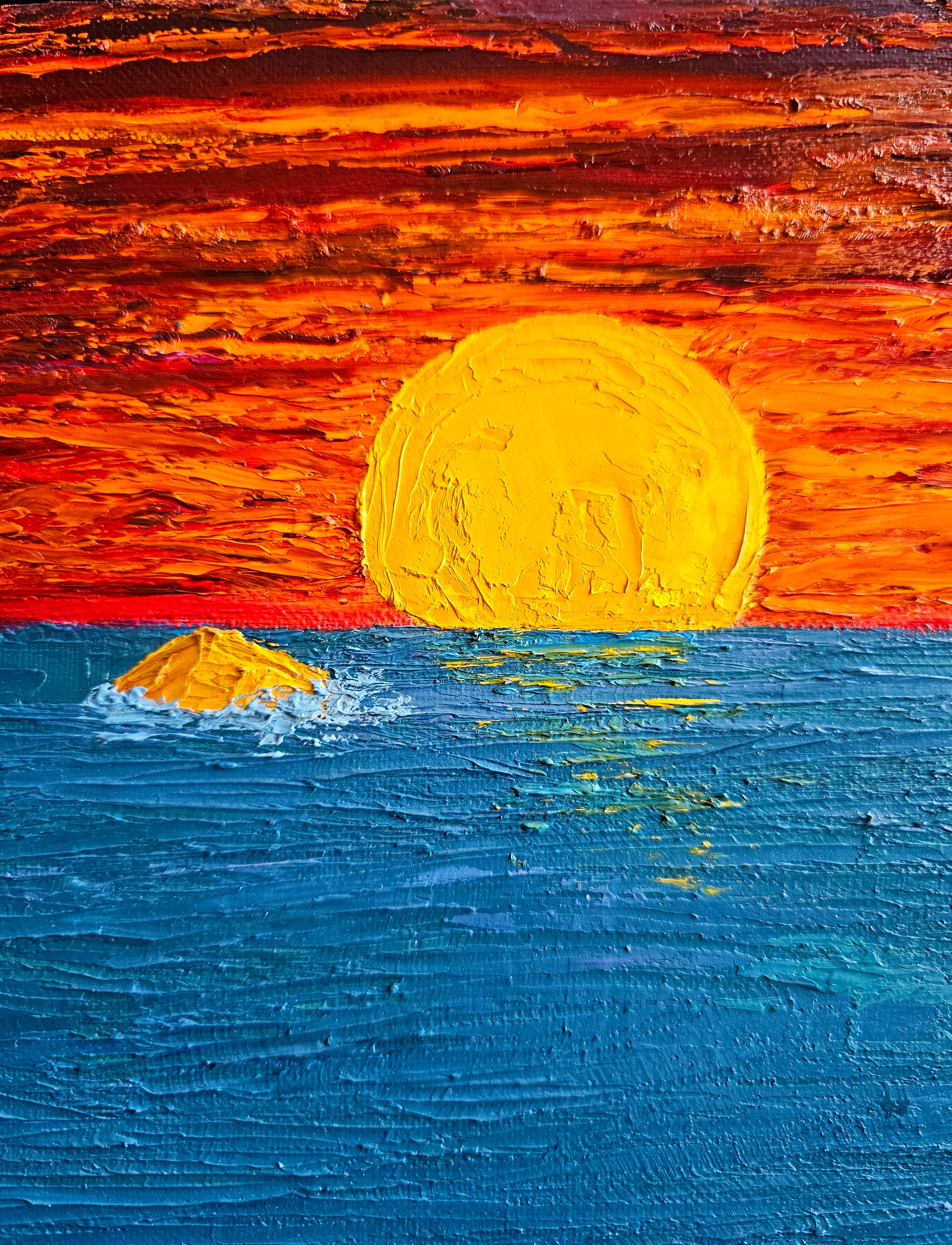 Painting of a sunset with a large yellow sun and small island in the foreground.