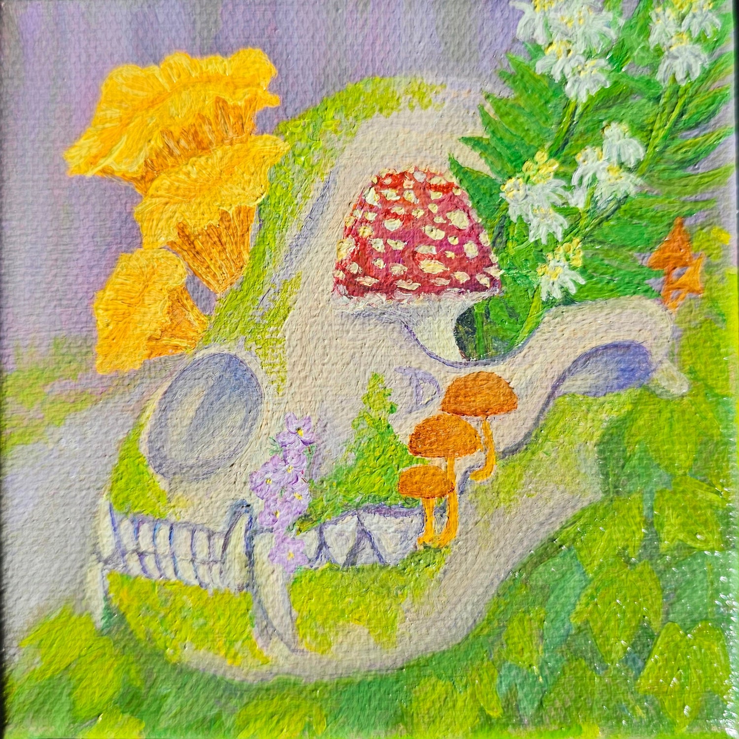 An oil painting of a raccoon skull sits on a bed of ivy with mushrooms and flowers native to the Pacific Northwest growing from the sockets.