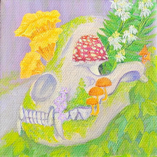 Colorful painting of a racoon skull blooming with funghi and flora from the Pacific Northwest.