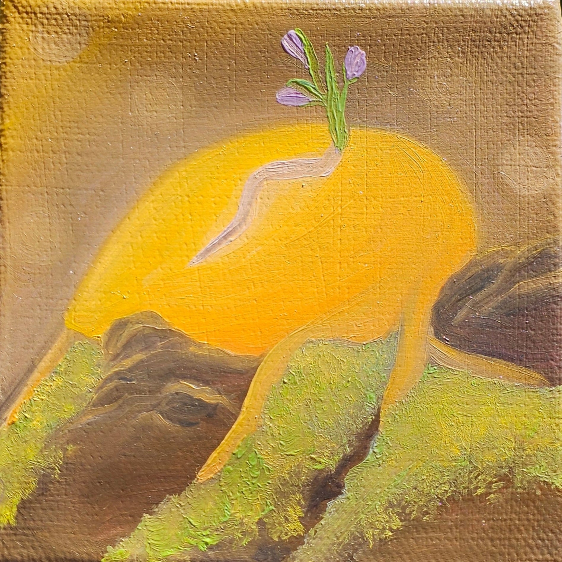 Small painted canvas of a glowing yellow seed that has cracked open. A small lavender plant grows from the crack.